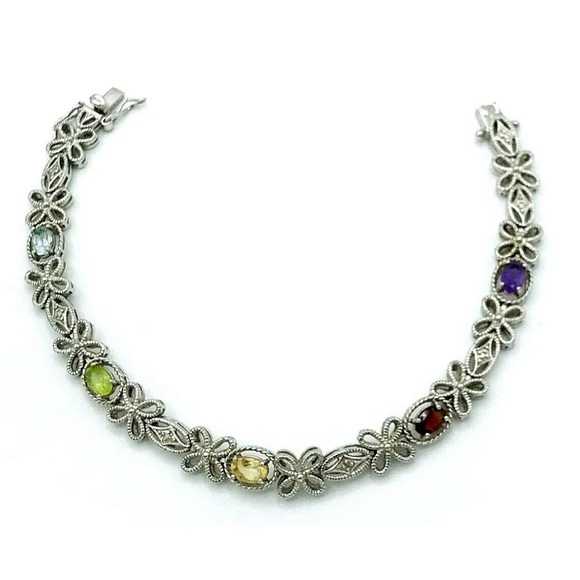 Vintage PAJ BB China Silver Tone Floral Gemstone Bracelet - Picture 3 of 9